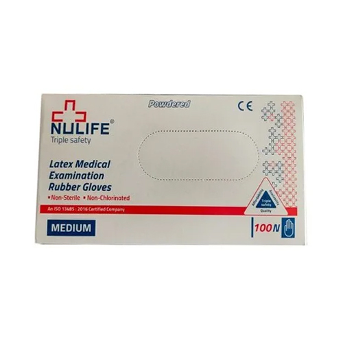 Nulife Latex Medical Examination Rubber Gloves - Latex Material , Medical Grade, White Color, Powdered with Cornstarch, Ambidextrous Use