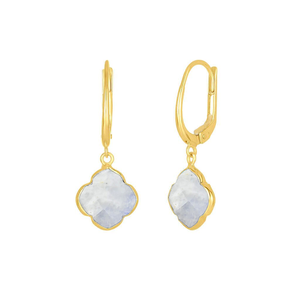 Rainbow Moonstone Gemstone 12mm Clover Shape Gold Vermeil Bezel Set Hoop Earring