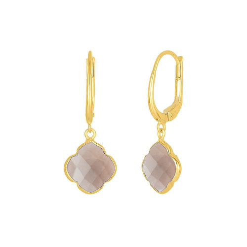 Smoky Quartz Gemstone 12mm Clover Shape Gold Vermeil Bezel Set Hoop Earring