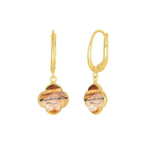 Tiger Eye Gemstone 12mm Clover Shape Gold Vermeil Bezel Set Hoop Earring