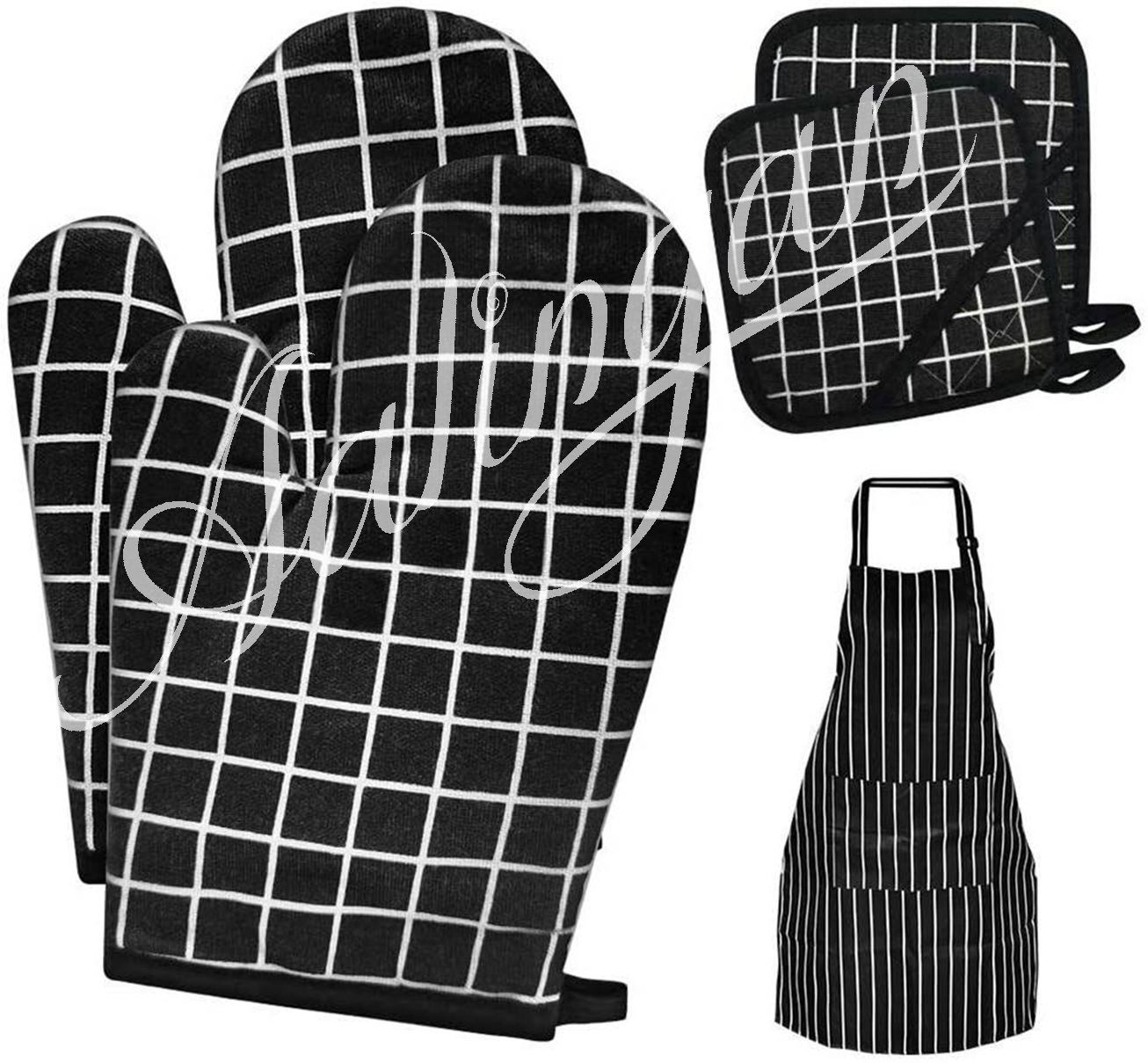 Heat Resistant Kitchen Gloves with Aprons Oven Mitts and Pot Holders for Kitchen Cooking Baking