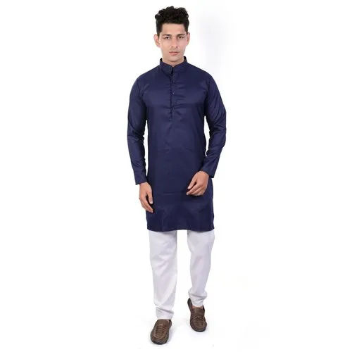 Blue-White Mens Plain Kurta Pajama