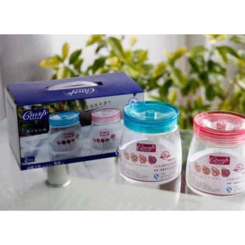 Transparent Glass Storage Jar Set Of 2 Pcs With Colourfull Lid