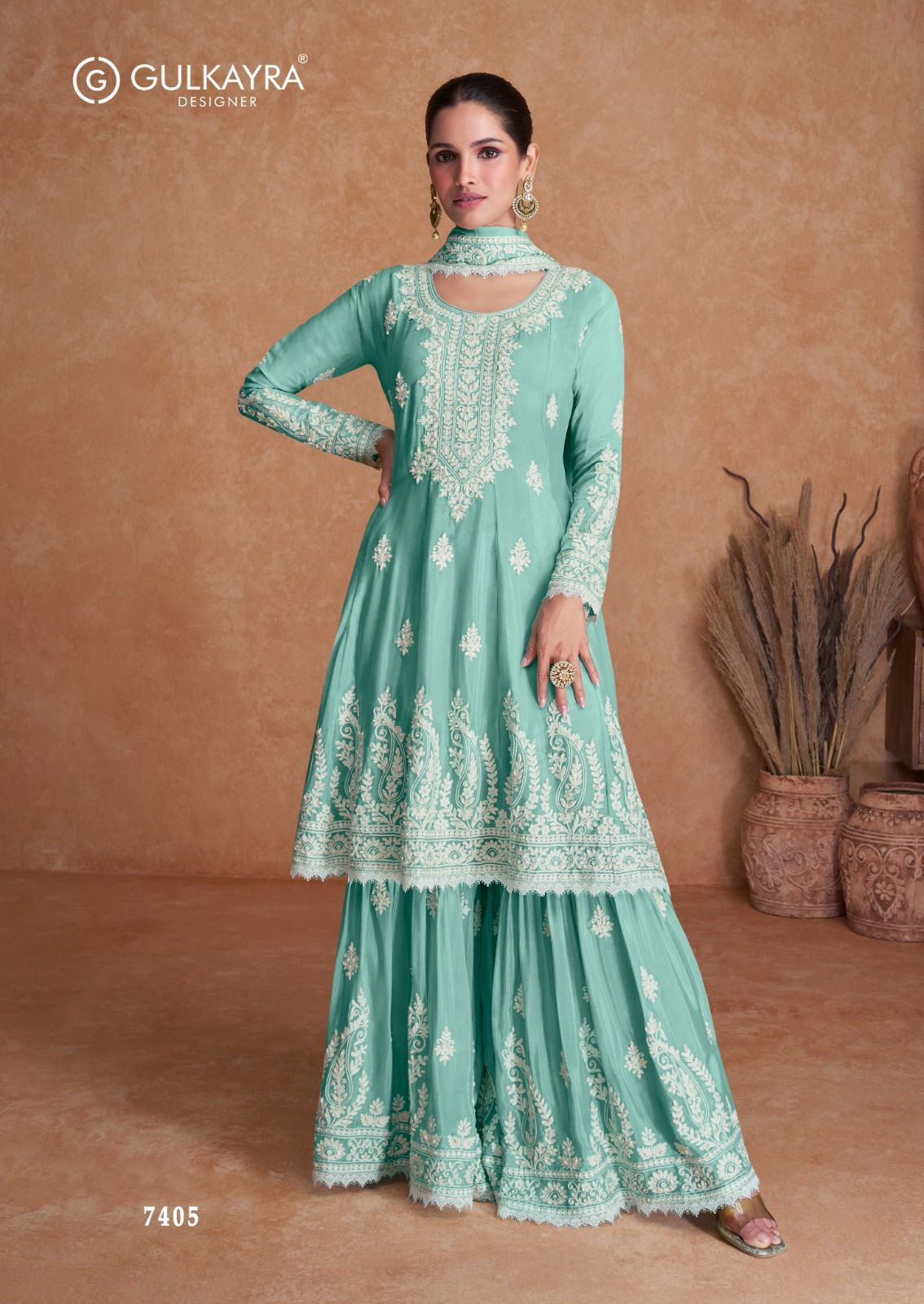 Designer Sharara suit in chinon