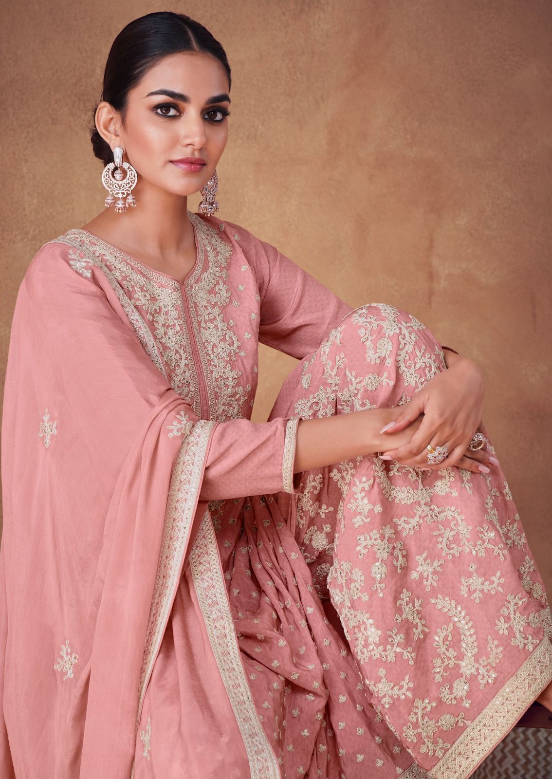 Designer Sharara suit in chinon