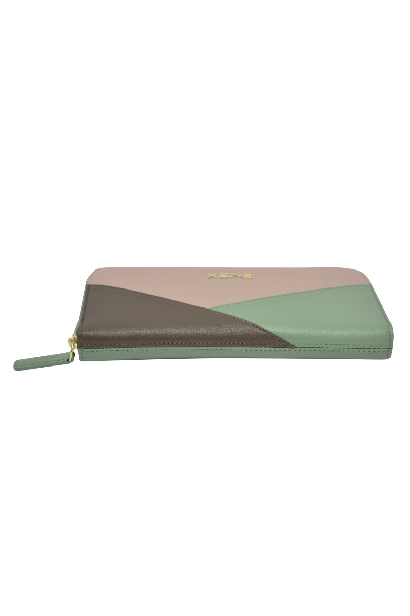 Genuine leather Lt. Mint / Cream-Olive zip around ladies wallet