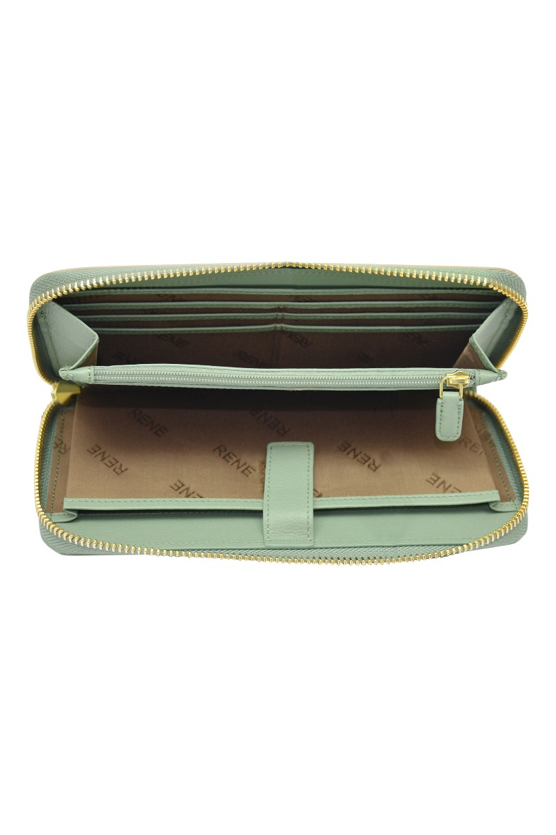Genuine leather Lt. Mint / Cream-Olive zip around ladies wallet