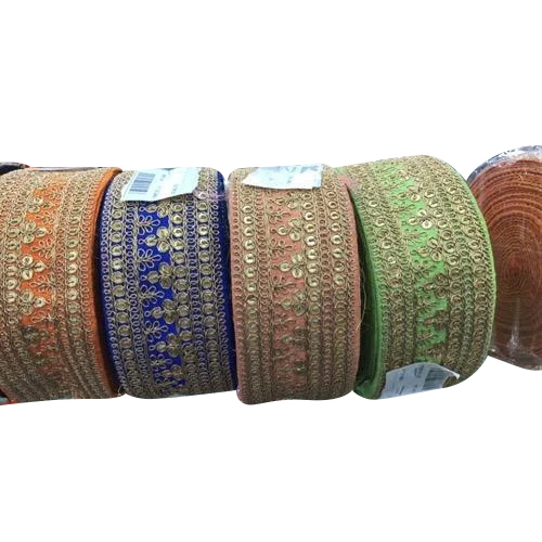 Border Lace - Cotton, 2 Inch Width | Multi Color Embroidered Design with Sequin Decoration