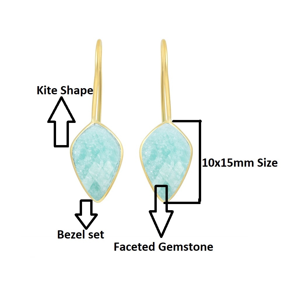 Amazonite Gemstone Faceted Kite 10x15mm Gold Vermeil 925 Sterling Silver Dangle Earrings