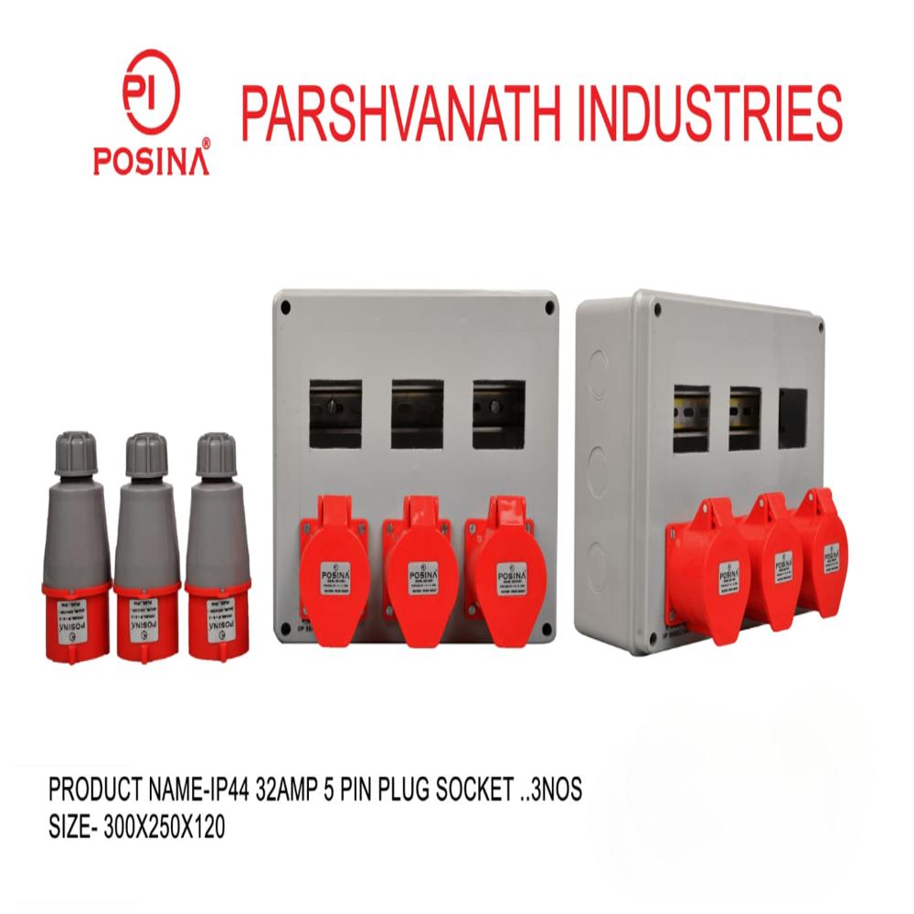 32AMP Plug and Socket - ABS Material, 300x255x120 mm Dimensions | White & Red Color, IP44 Protection Level, Powder Coated Finish, 1 Year Warranty