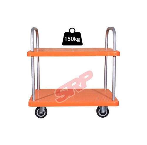 Two Layer Orange Plastic Platform Trolley - 150 kg Capacity, 480 x 720 x 930 mm Size, Made of Polypropylene Copolymer, Net Weight 12.5 kg