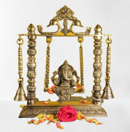 Brass Ganesh Jhula Hanging Bells with Chain and Kirtimukha Idol Ganesha Swing Statue