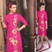 Chanderi Fabric Kurti - Customized Size, Pink Color | Breathable, Cool Dry, Cool Pass, No Fade, 3/4th Sleeve