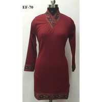 Maroon Woolen Kurtis - Woolen Fabric, Customized Size | Breathable, Cool Pass, No Fade, Printed Pattern, Long Sleeve, Simple Casual Style