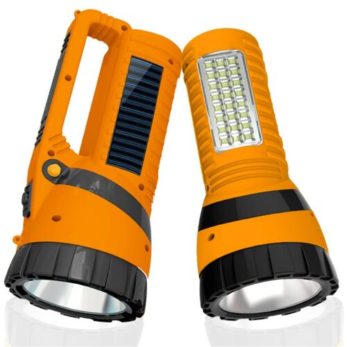 Rechargeable Torch - Plastic Material, Rectangular Shape, Yellow Color | Super Bright LED, Solar and USB Charging, Ideal for Outdoor Activities