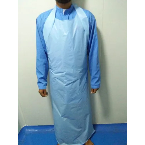 Blue Plastic Disposable Surgeons Gown - PE Hygiene Film Material, Oval Shape, Blue Color, Waterproof, Medical Tape Dressing Type, No Cuffs