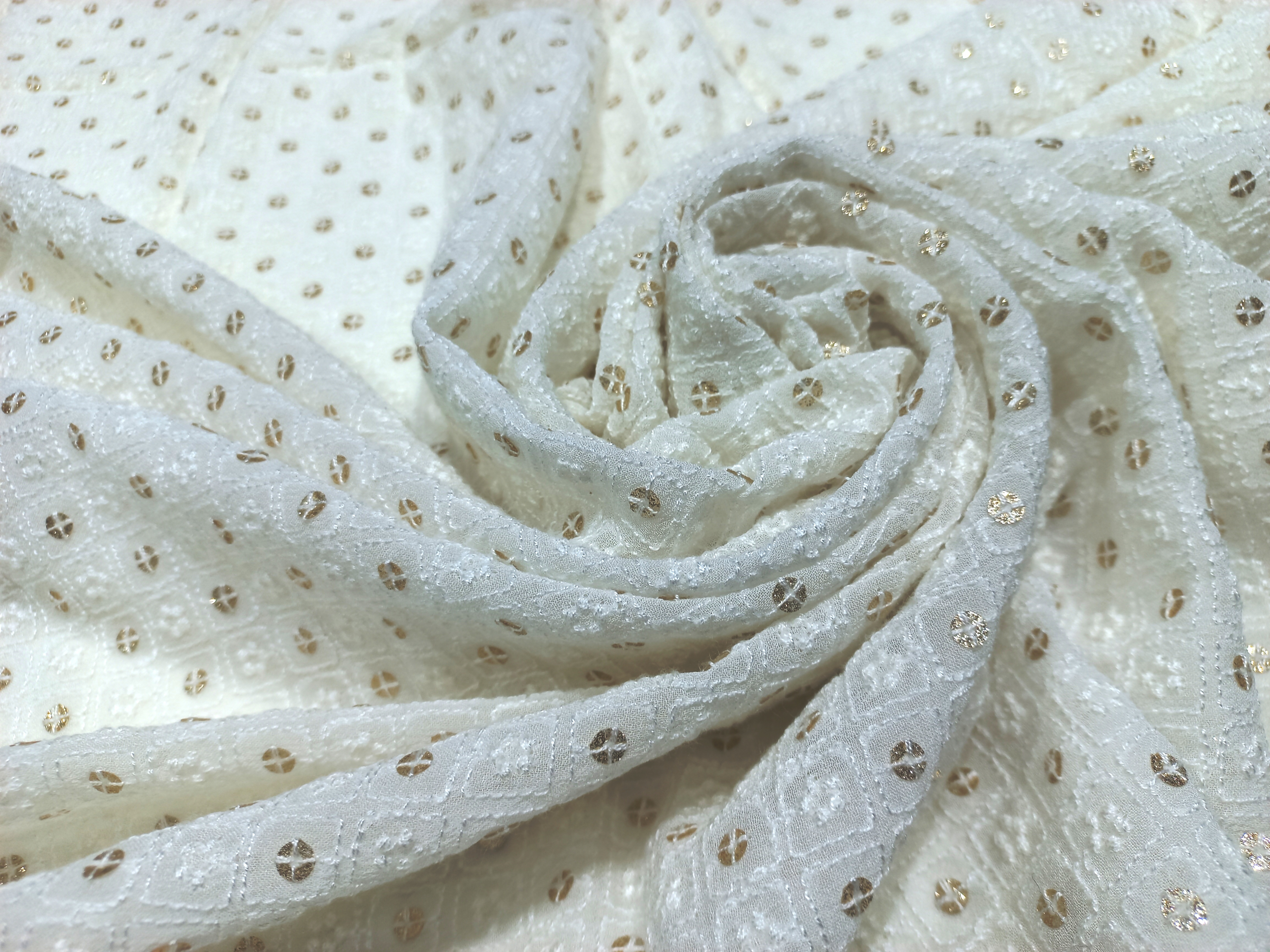 Luxurious Schiffli Georgette Fabric with White Cotton Thread and 5mm Glitter