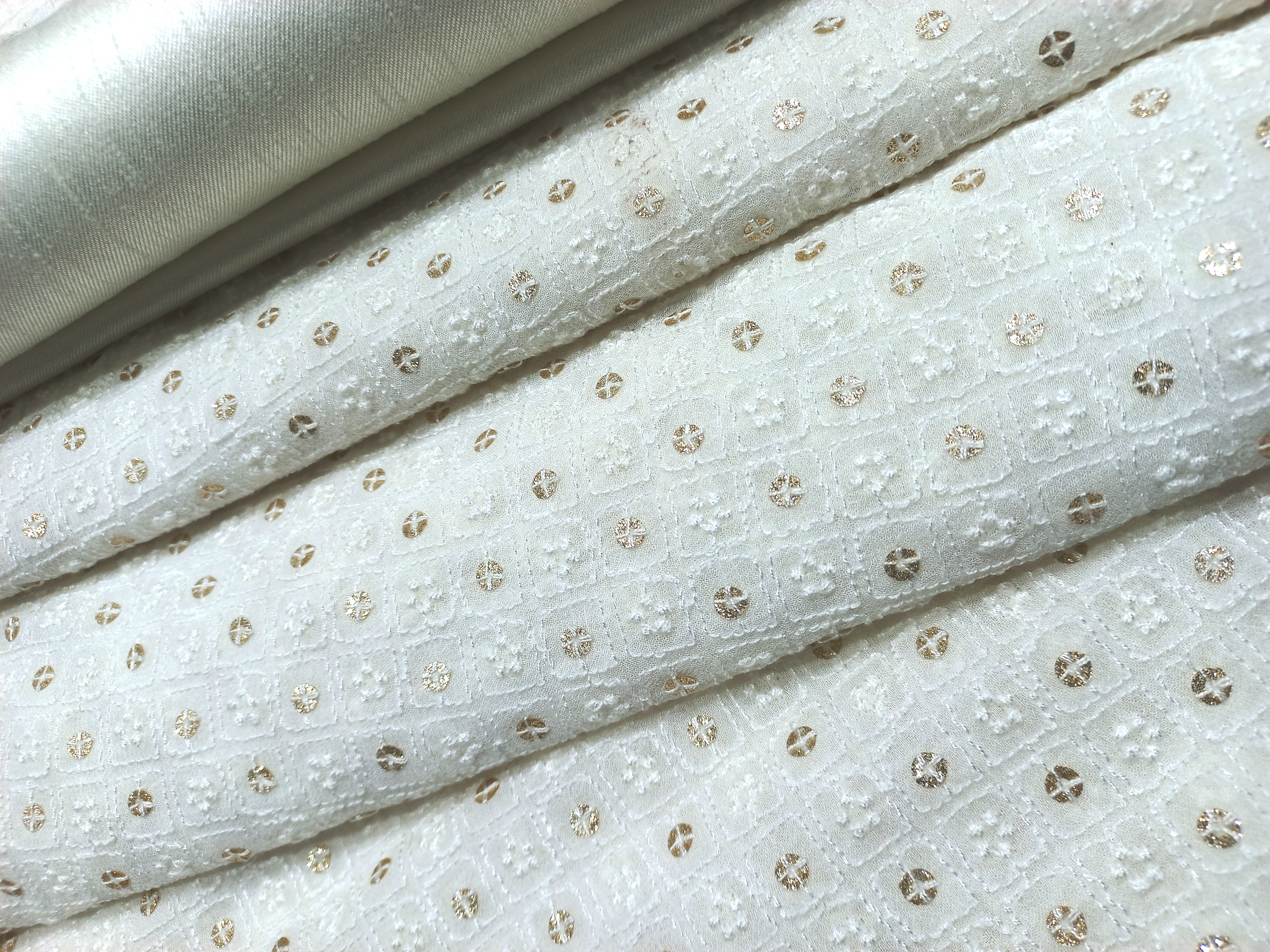 Luxurious Schiffli Georgette Fabric with White Cotton Thread and 5mm Glitter