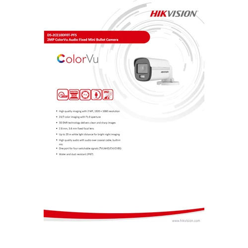 HIKVISION COLOUR CAMERA DS-2CE10DF0T-PFS