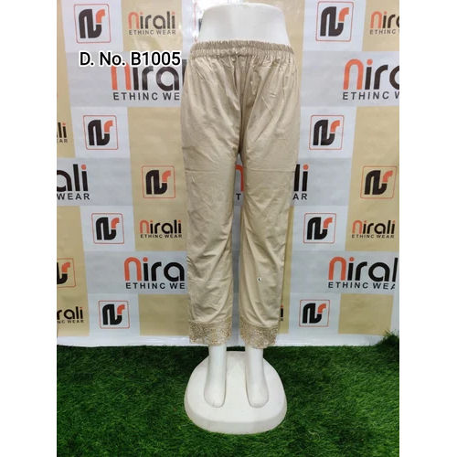 Cream Women Cotton Border Pants