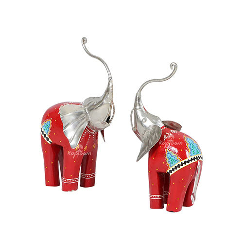Antique Showpiece Red Mother And Baby Elephant Set Of 2 Table Decor Item