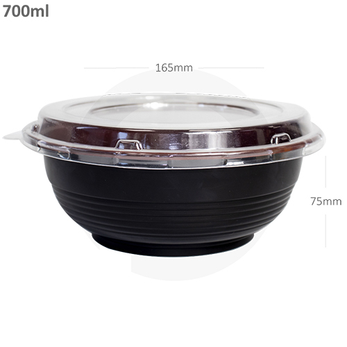 Matte Lamination 700Ml Pp Plastic Black Bowl With Clear Pp Cap 150-Ctn