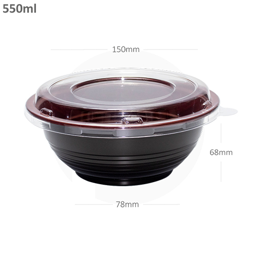 PP Plastic Round Bowl - 550ml Size, Glossy Black Finish with Clear Lid , Ideal for Food Storage and Presentation