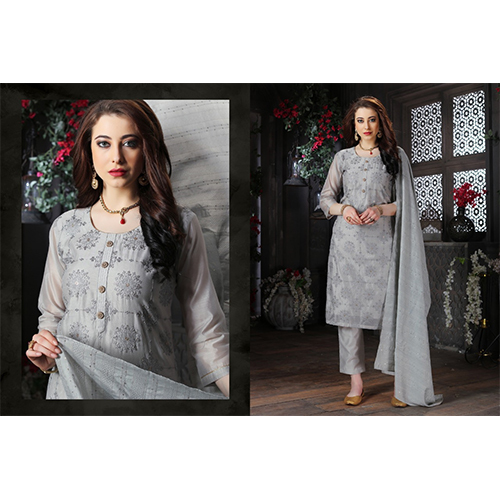 Gray Modal Chanderi Designer Straight Suits Sets