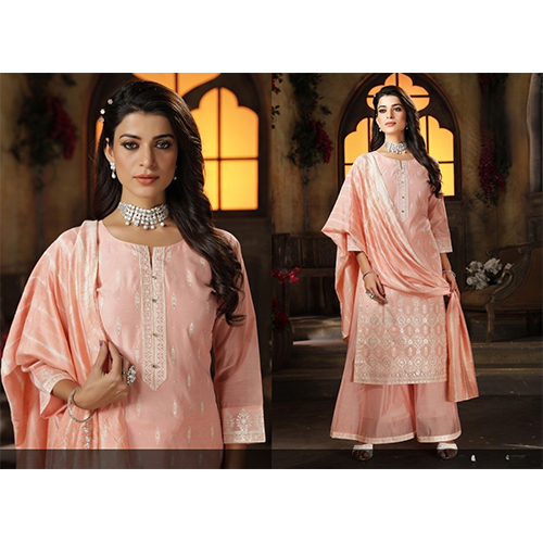 Chanderi Salwar Kameez - Cotton Modal Chanderi, 42 Inch Top Length, Peach Color | Breathable, Embroidered, Party Wear, Non Toxic, No Fade