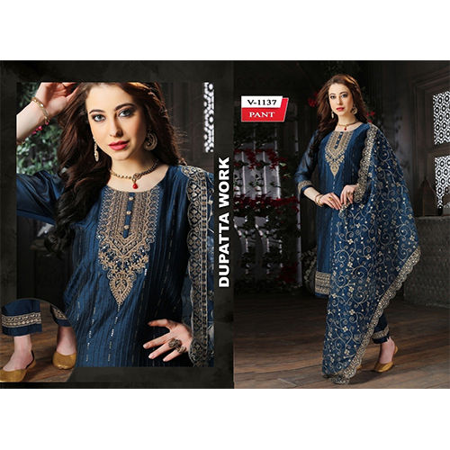 Royal Blue Colour Modal Chanderi Embroidered Designer Straight Suits