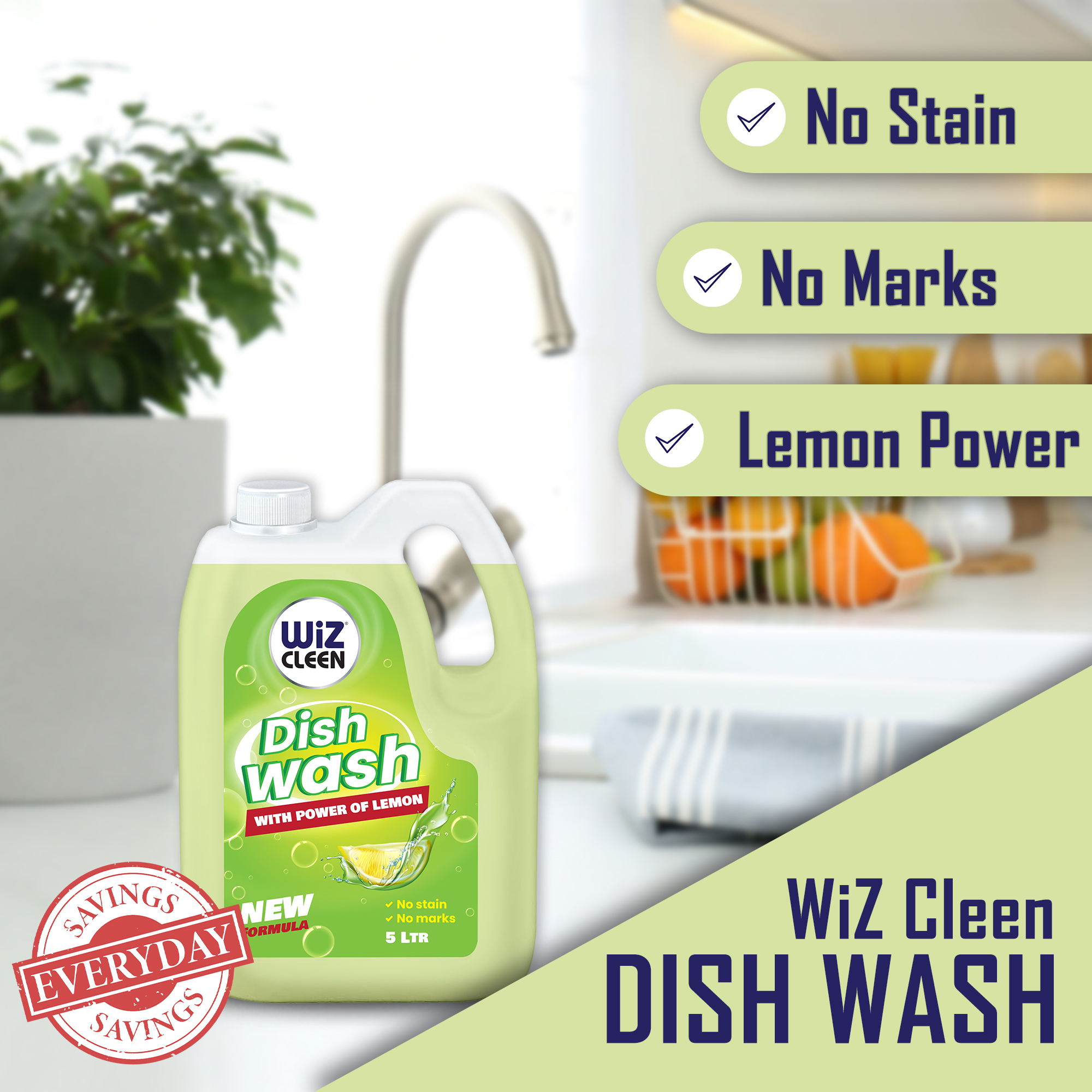 Wiz Cleen Dish Wash with Power of Lemon Refill Pack - 5L