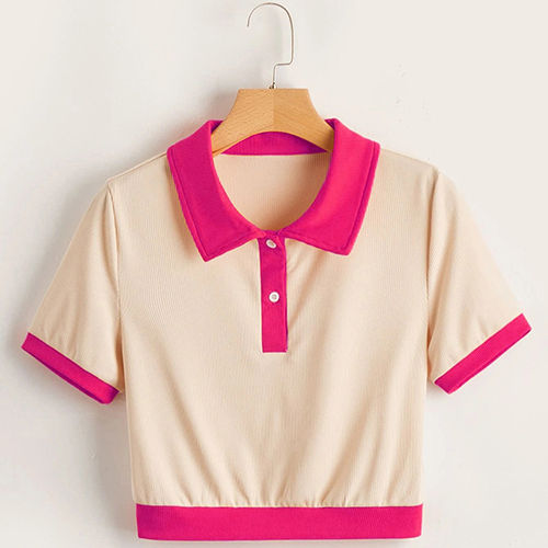 Multicolour Ladies Crop Collar T-shirt