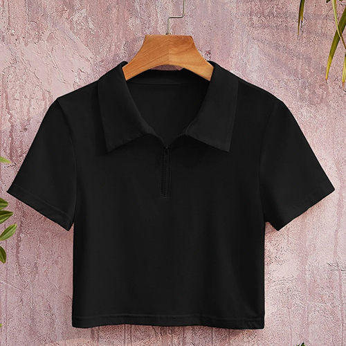 Cotton Black Crop Collar T-shirt