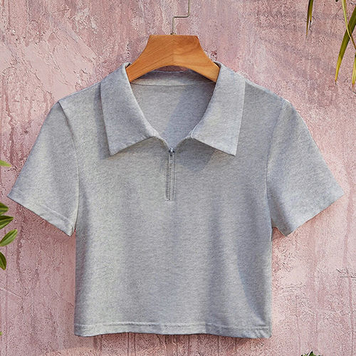 Cotton Grey Crop Collar T-Shirt