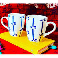 Rs Cone Mugs - Ceramic Material, Glossy Finish | Printed Design, White & Blue Color, Perfect For Coffee Enjoyment