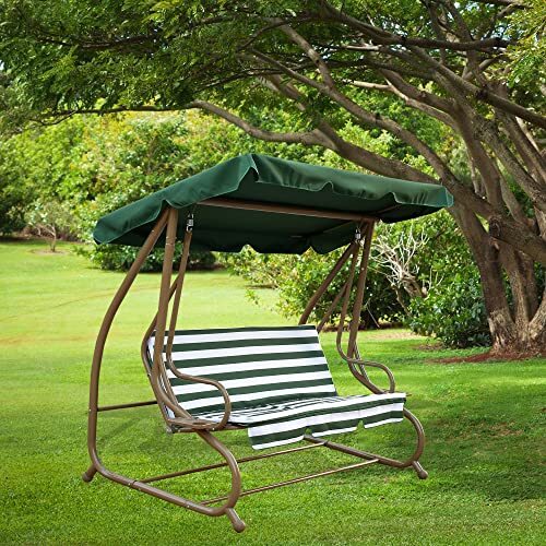 GARDEN SWING - Iron & Aluminium, 195x95x70 cm | Cushioned Seats, Waterproof Ceiling Fabric, UV Protected, Green & White Striped Design