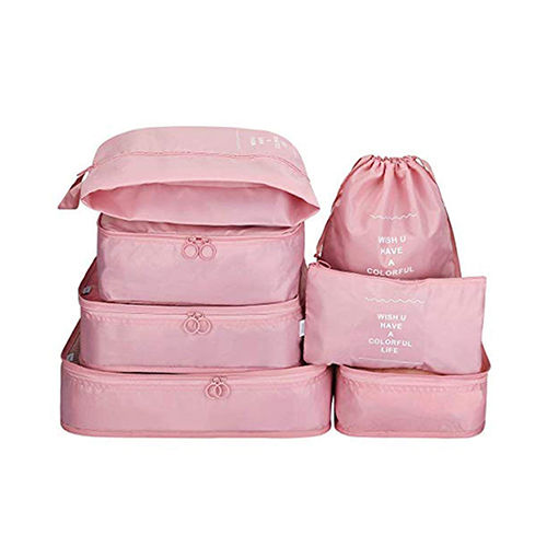 Plain S11003 Baby Pink Polyester Packing Cubes With Shoe Bag Set Of 7