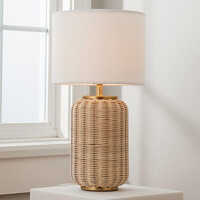 Indoor Table Cane Lamp - Wooden & Metal, Elongate Shape in Brown-White | Modern Elegance for Cozy Ambiance