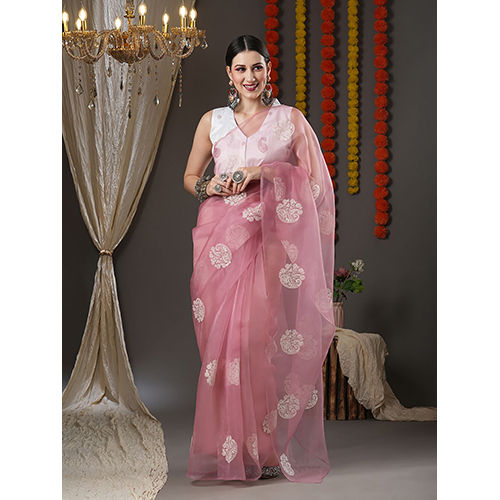 Womens Organza Mauve Embroidered Designer Saree With Blouse Piece