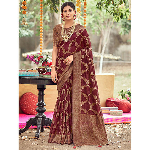 Georgette Womens Organza Maroon Woven Design Saree With Blouse Piece