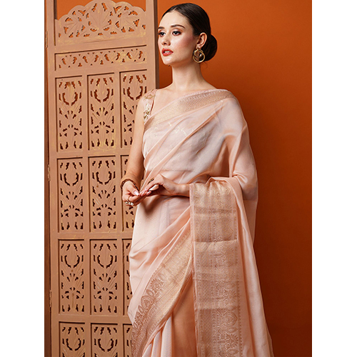 Womens Organza Peach Woven Design Saree With Blouse टुकड़ा