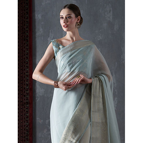 Silk Womens Organza Sea Green Woven Design Saree With Blouse Piece