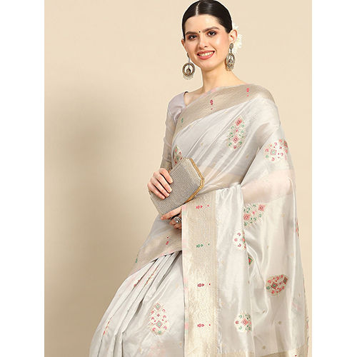 Silk Womens Organza Grey Woven Design Saree With Blouse Piece