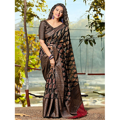 Brown Womens Cotton Blend Printed Designer Saree With Blouse Piece