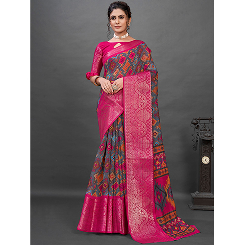 Womens Cotton Blend Grey Printed Saree With Blouse टुकड़ा