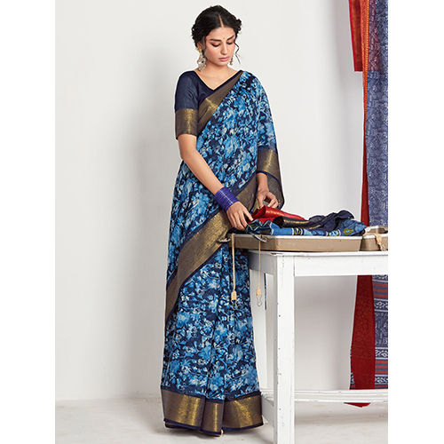 Womens Cotton Blend Navy Blue Printed Saree With Blouse Piece