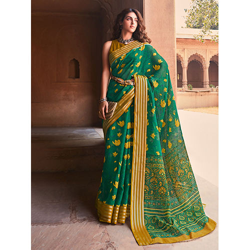 Silk Womens Linen Green Printed Saree With Blouse Piece