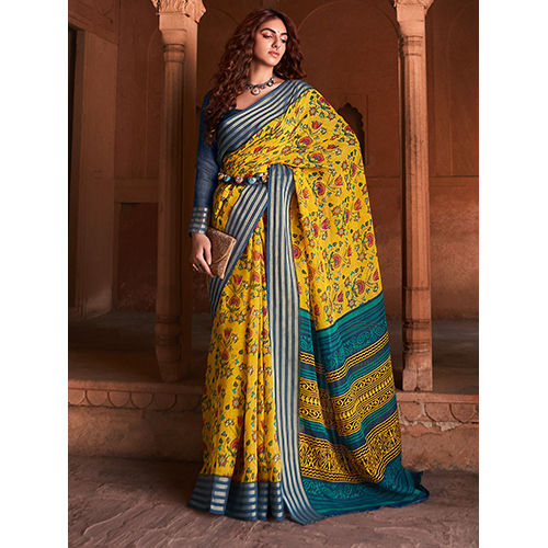 Silk Womens Linen Yellow Printed  Saree With Blouse Piece