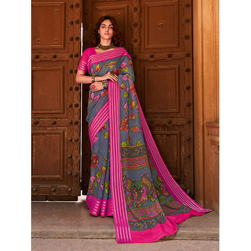 Pink Womens Linen Grey Printed Saree With Blouse Piece