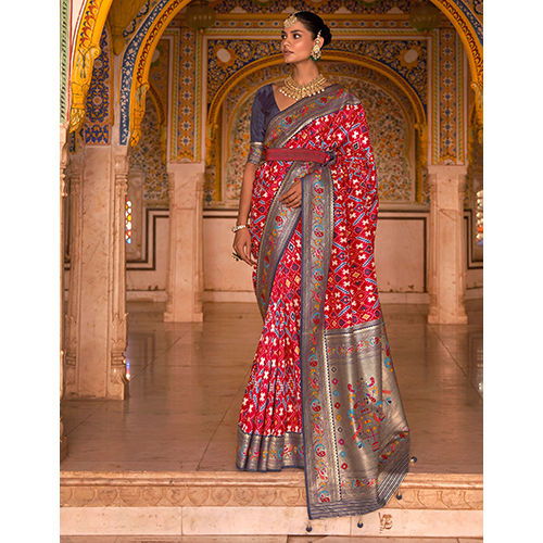 Casual Womens Silk Blend Red Woven Design Saree With Blouse Piece